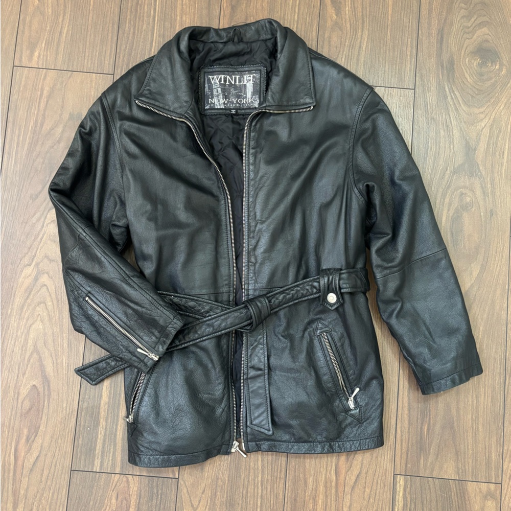 Winlit New York Women's Black Leather Belted Jacket
